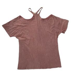 Stonewashed Cold Shoulder T-Shirt Pink Short Sleeve Bohemian Size S Casual Top